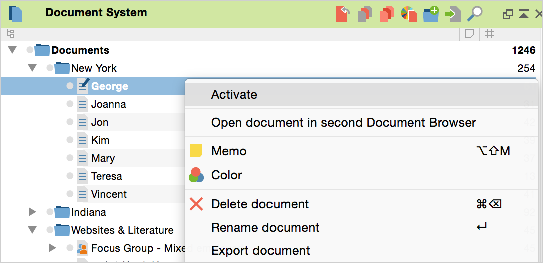 Activating a code via the context menu Activating a code via the context menu