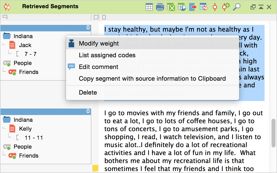Context menu for the info box in the “Retrieved Segments” window Context menu for the info box in the “Retrieved Segments” window