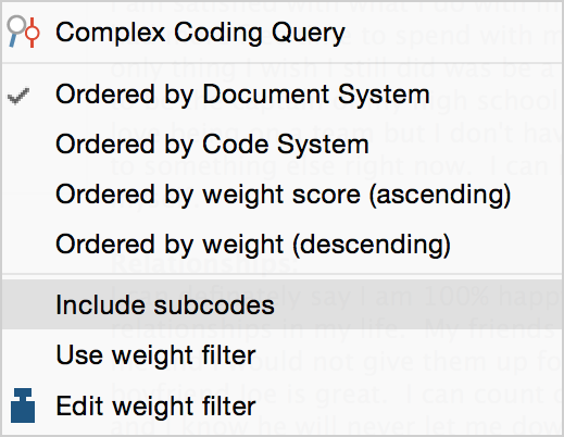 The “Include subcodes” option in the context menu of the “List of coded segments” The “Include subcodes” option in the context menu of the “List of coded segments”