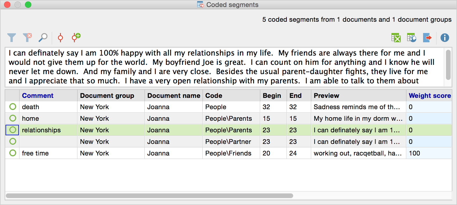 The two-section window in the “Overview of retrieved segments” The two-section window in the “Overview of retrieved segments”