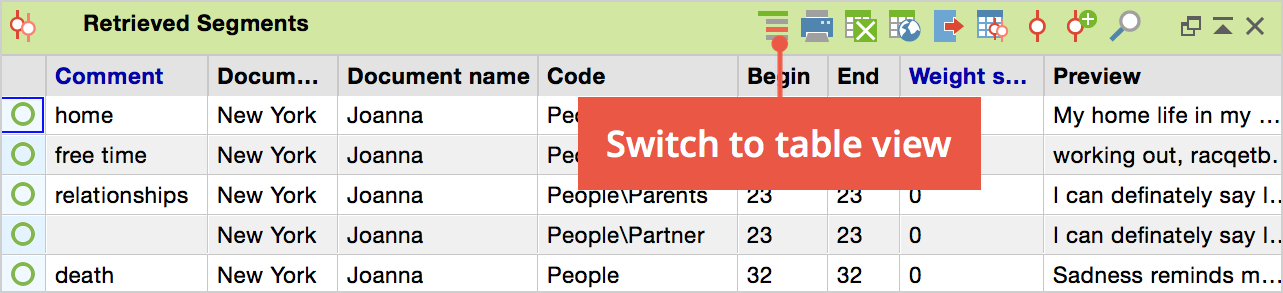 The “Retrieved Segments” in table view The “Retrieved Segments” in table view
