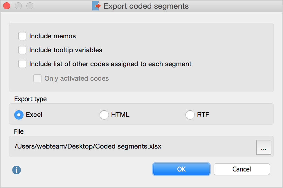 Options for the export of retrieved segments Options for the export of retrieved segments