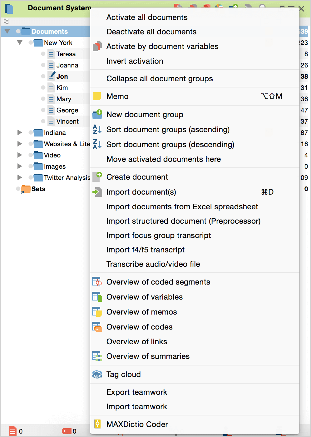 Context menu for the upper level in the Document System Context menu for the upper level in the Document System