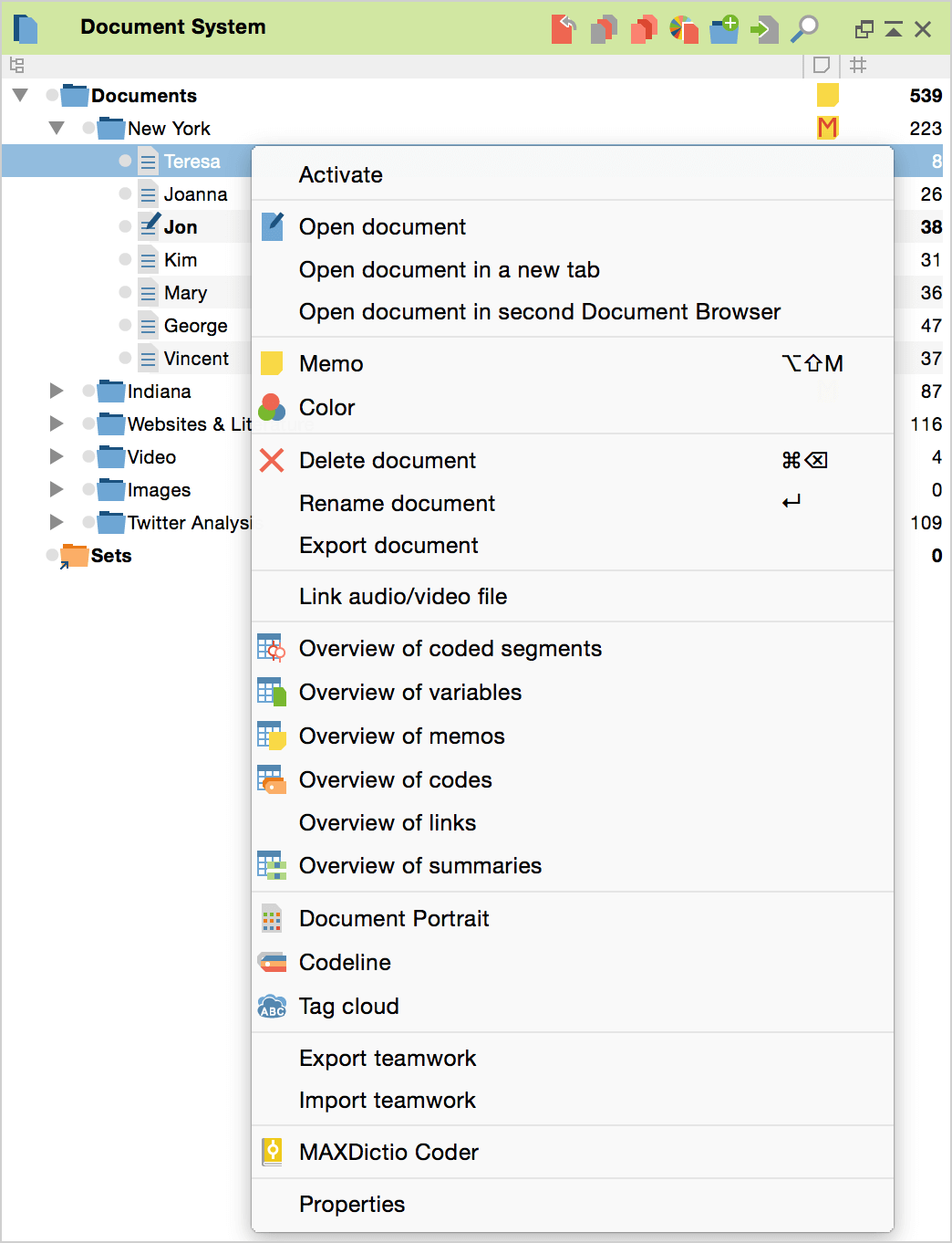 Context menu for the lowest (document) level Context menu for the lowest (document) level