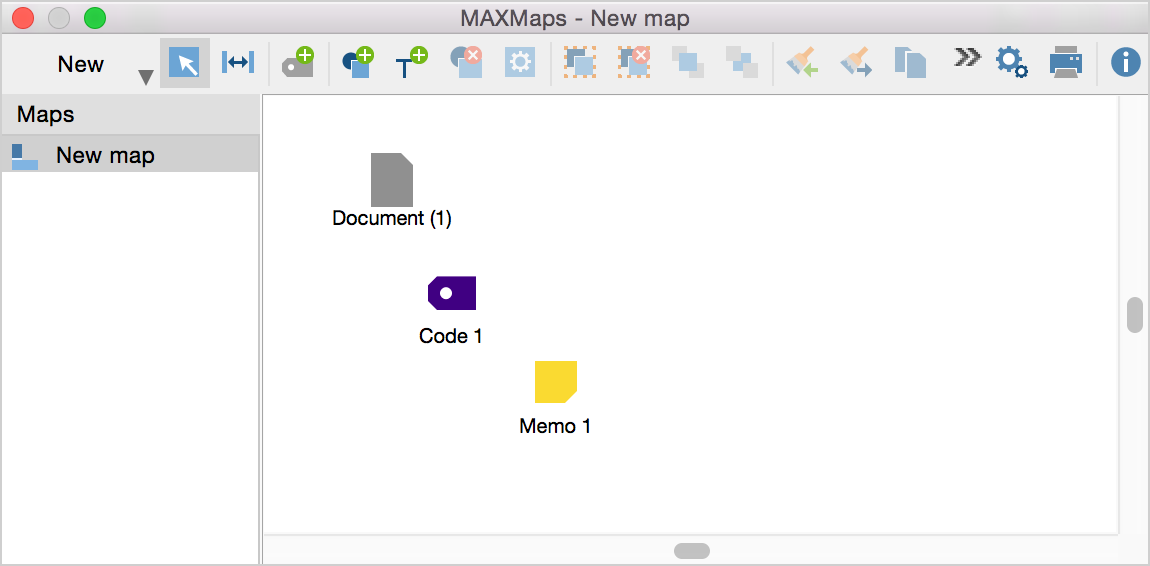 The MAXMaps window after importing a text, a code, and a document The MAXMaps window after importing a text, a code, and a document