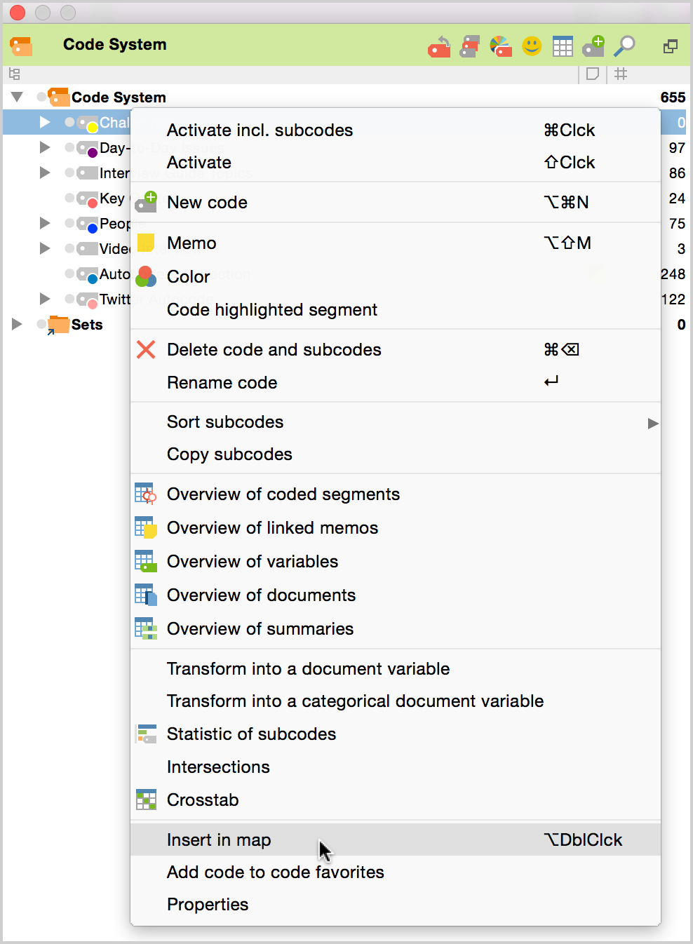 Inserting an element via the context menu Inserting an element via the context menu