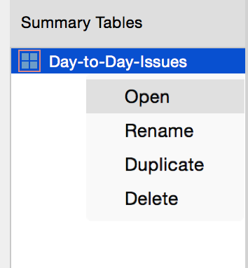 Context menu on a table name Context menu on a table name
