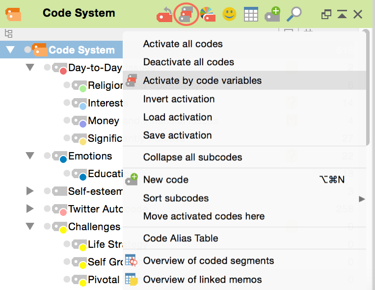 Activate by code variable function in the “Code System” icon’s context menu Activate by code variable function in the “Code System” icon’s context menu