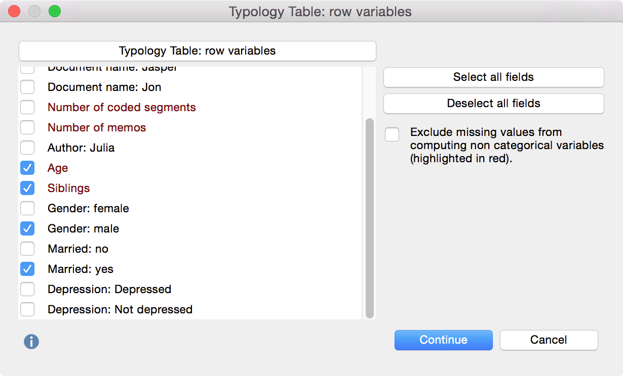 Select variables in the rows for the Typology table Select variables in the rows for the Typology table