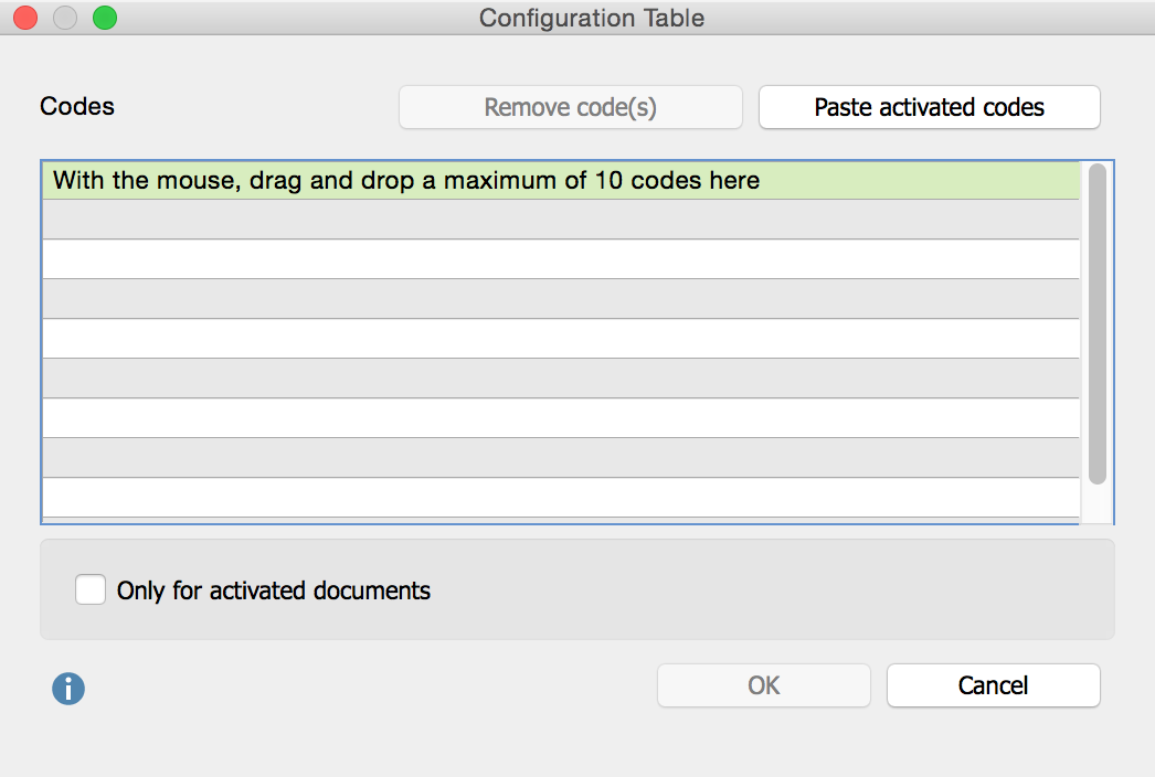 Selecting codes for the Configuration Table Selecting codes for the Configuration Table