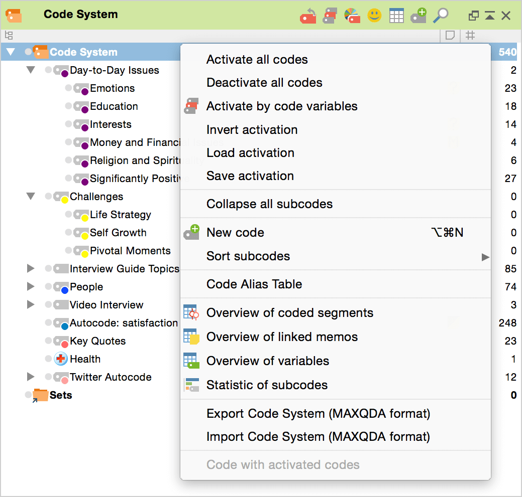 Context menu for the upper level of the Code System Context menu for the upper level of the Code System
