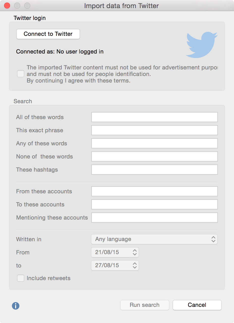 Dialog window for importing data from Twitter Dialog window for importing data from Twitter