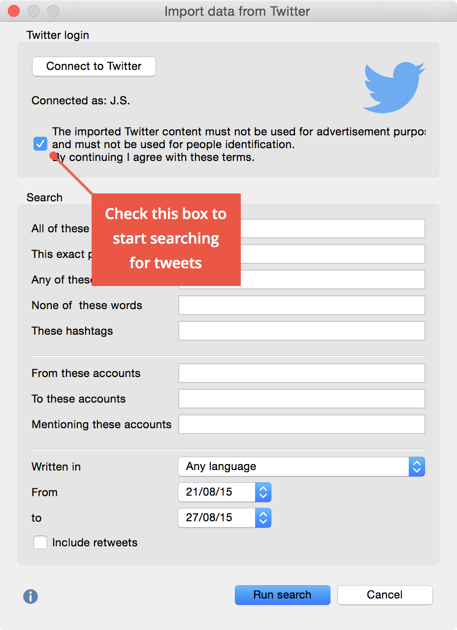 Search window for importing data from Twitter Search window for importing data from Twitter