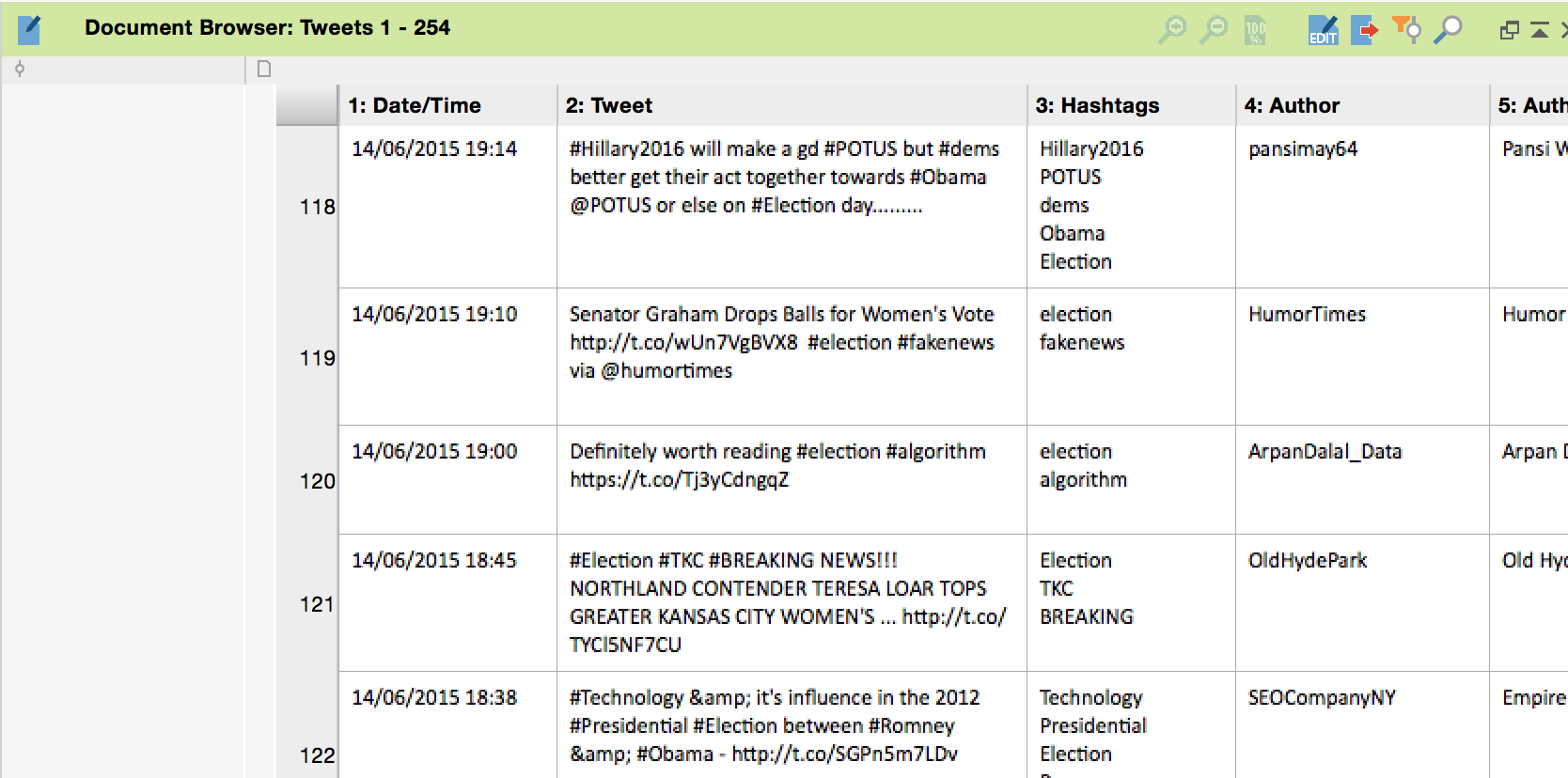 Table document with Twitter data in the Document Browser Table document with Twitter data in the Document Browser