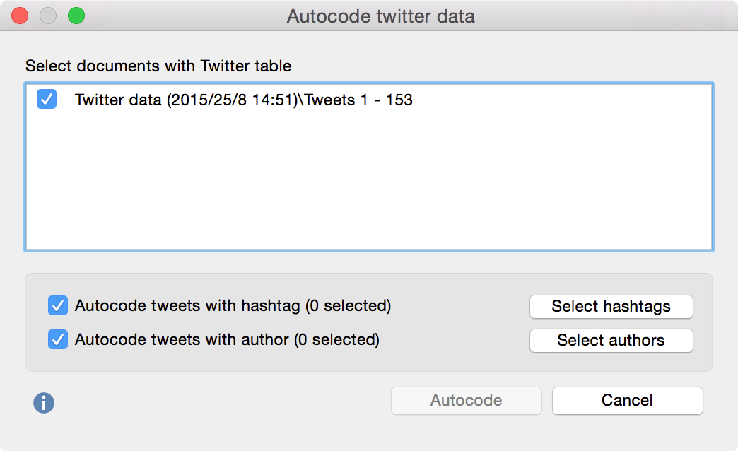Autocode Twitter data dialog window Autocode Twitter data dialog window