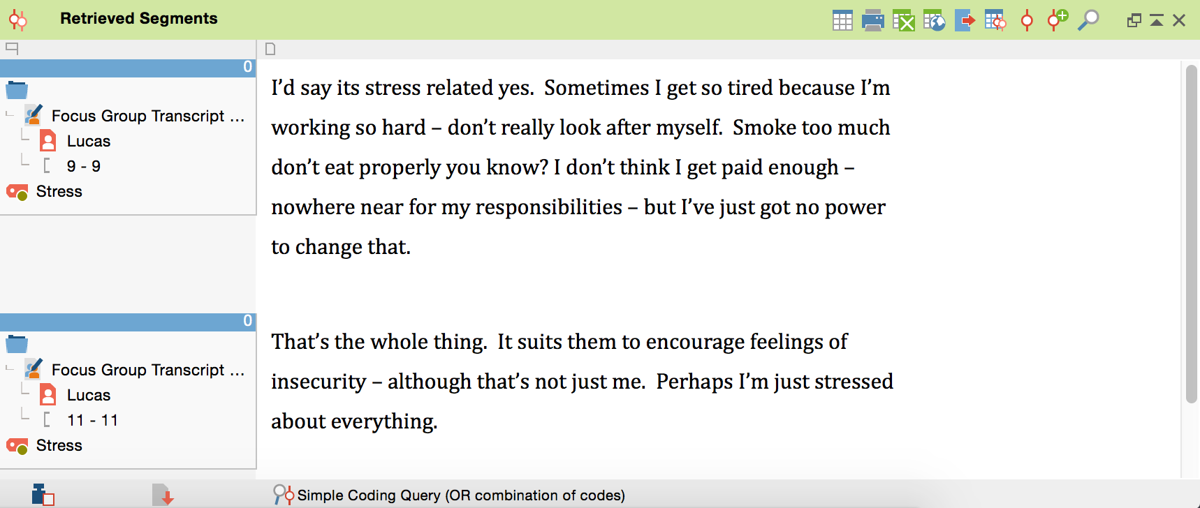 Statements of a participant on a topic in the “Retrieved Segments” window Statements of a participant on a topic in the “Retrieved Segments” window