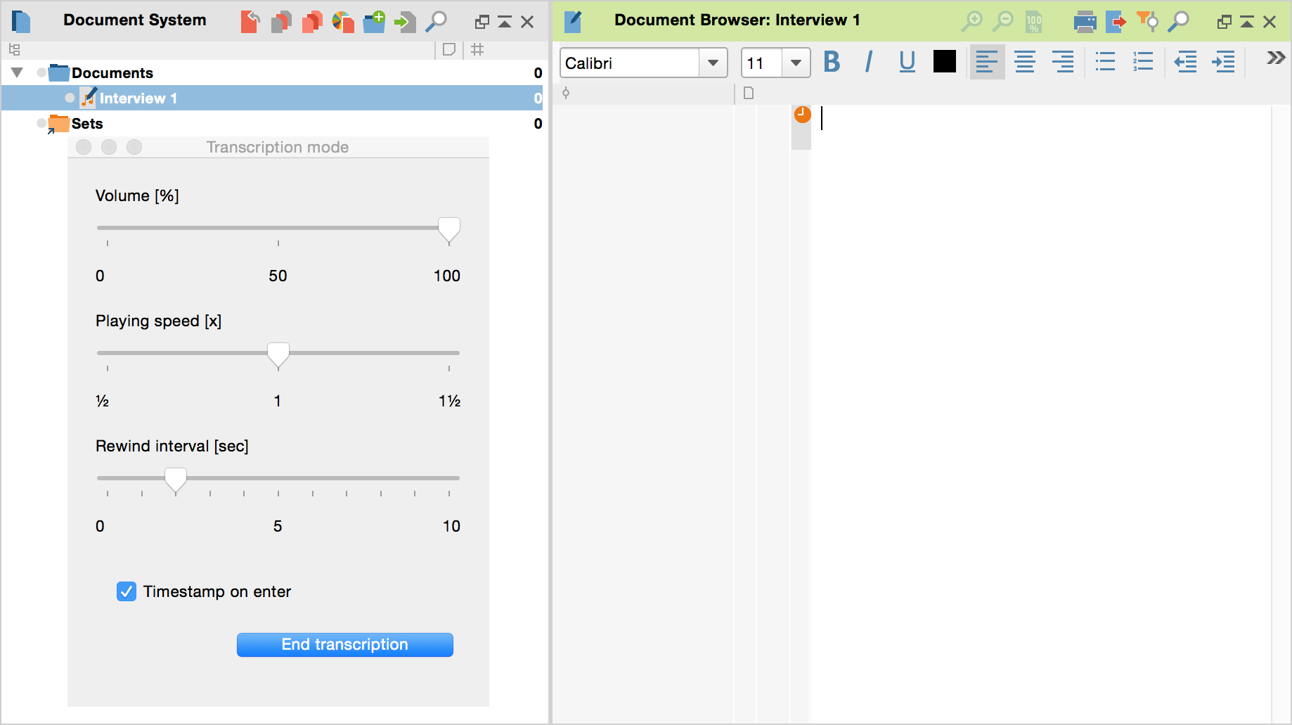 Empty transcript in the “Transcription mode” window Empty transcript in the “Transcription mode” window