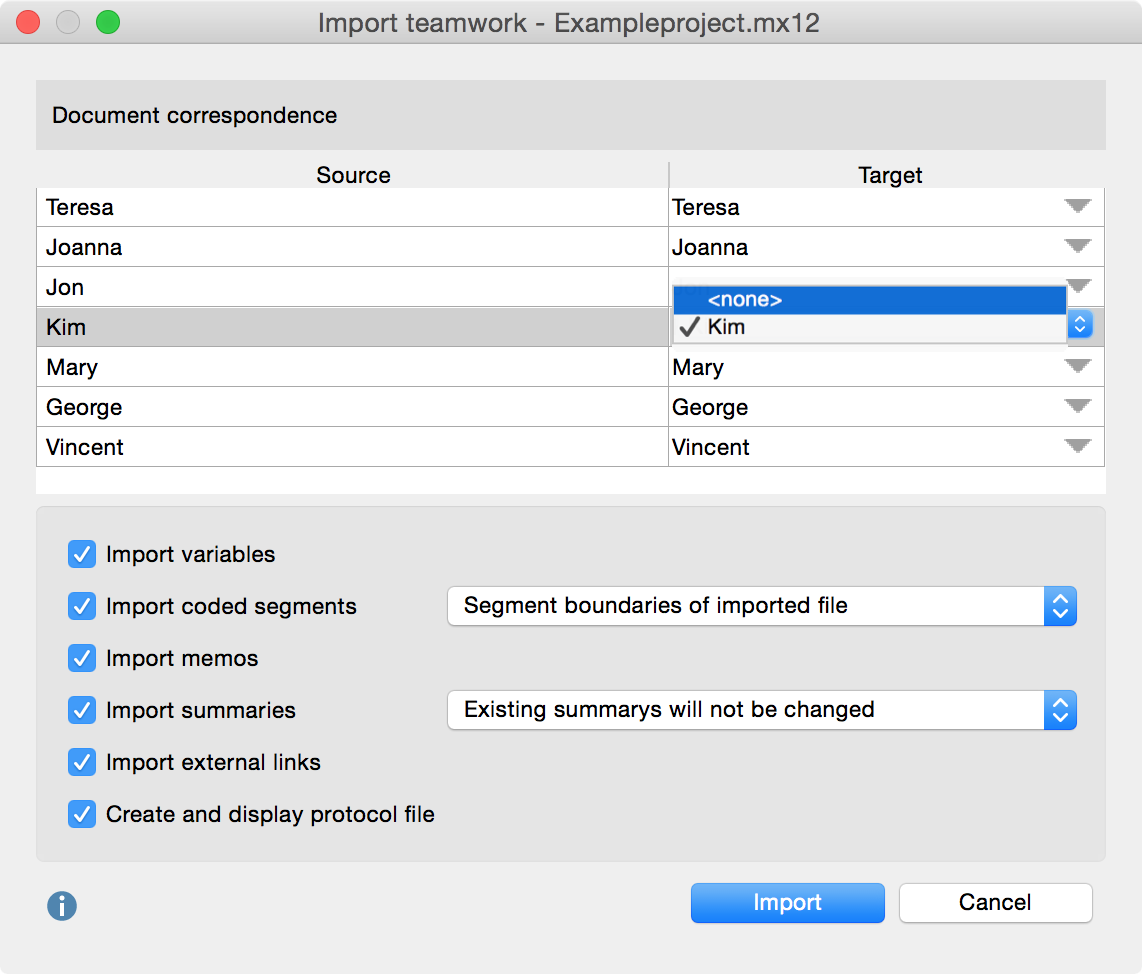 Options when importing teamwork for an entire project Options when importing teamwork for an entire project