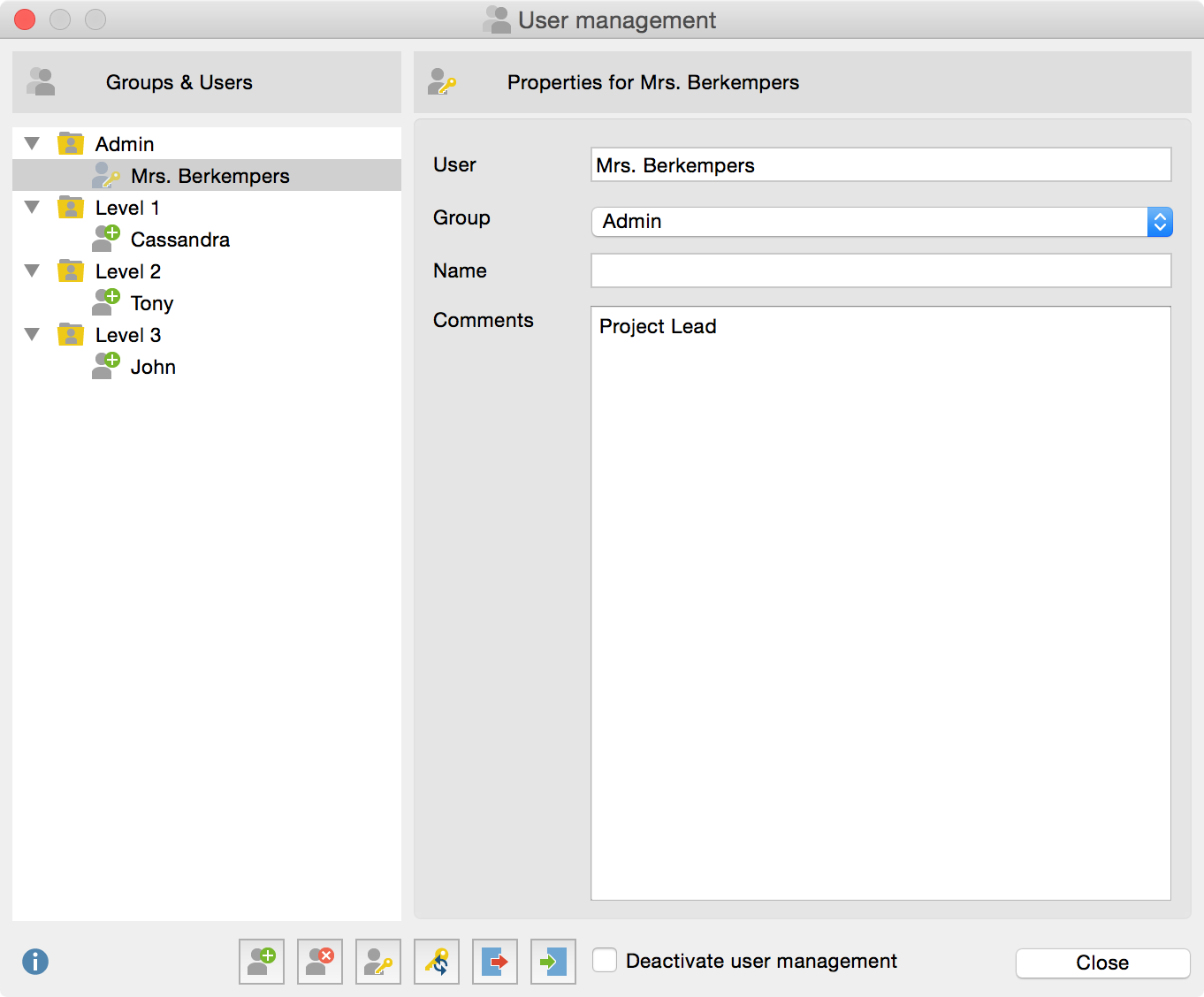 Main user management window Main user management window