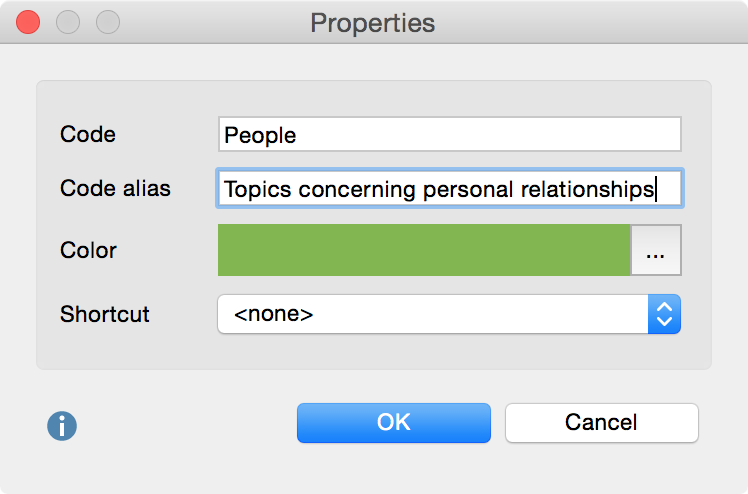 Assigning a code alias in the Code properties window Assigning a code alias in the Code properties window