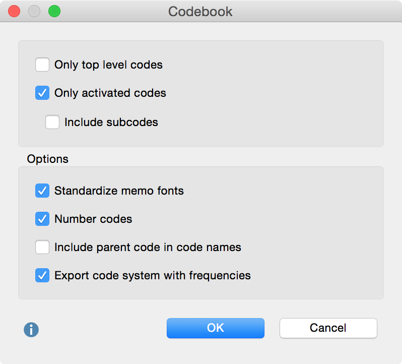 Setting options for the Codebook Setting options for the Codebook