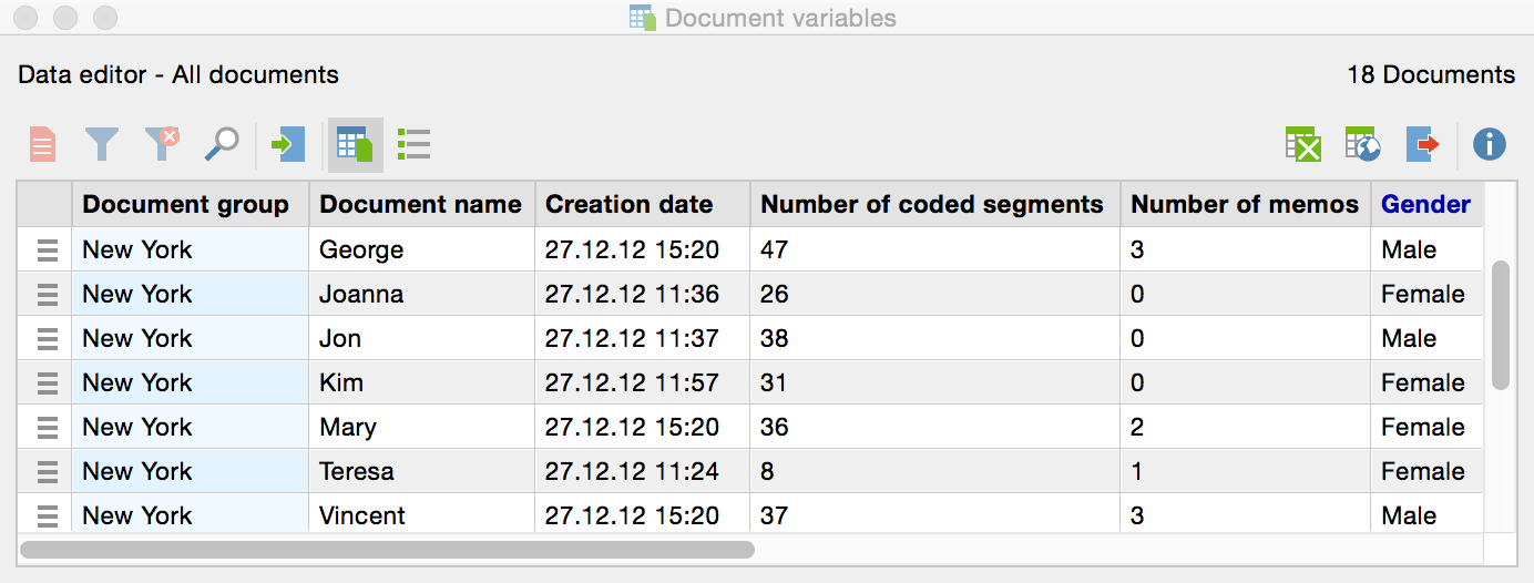 Table view of an example project’s document variables Table view of an example project’s document variables