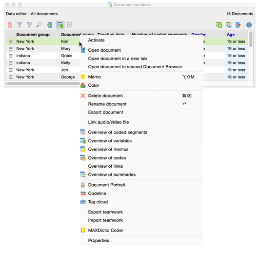 Context menu in the document variables table Context menu in the document variables table