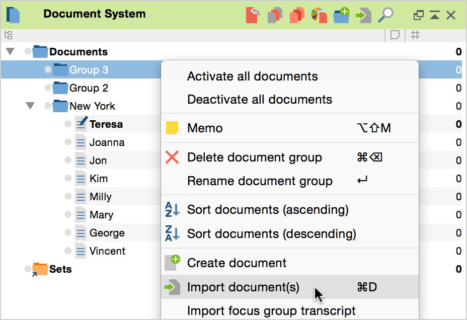 Importing a document via the context menu Importing a document via the context menu