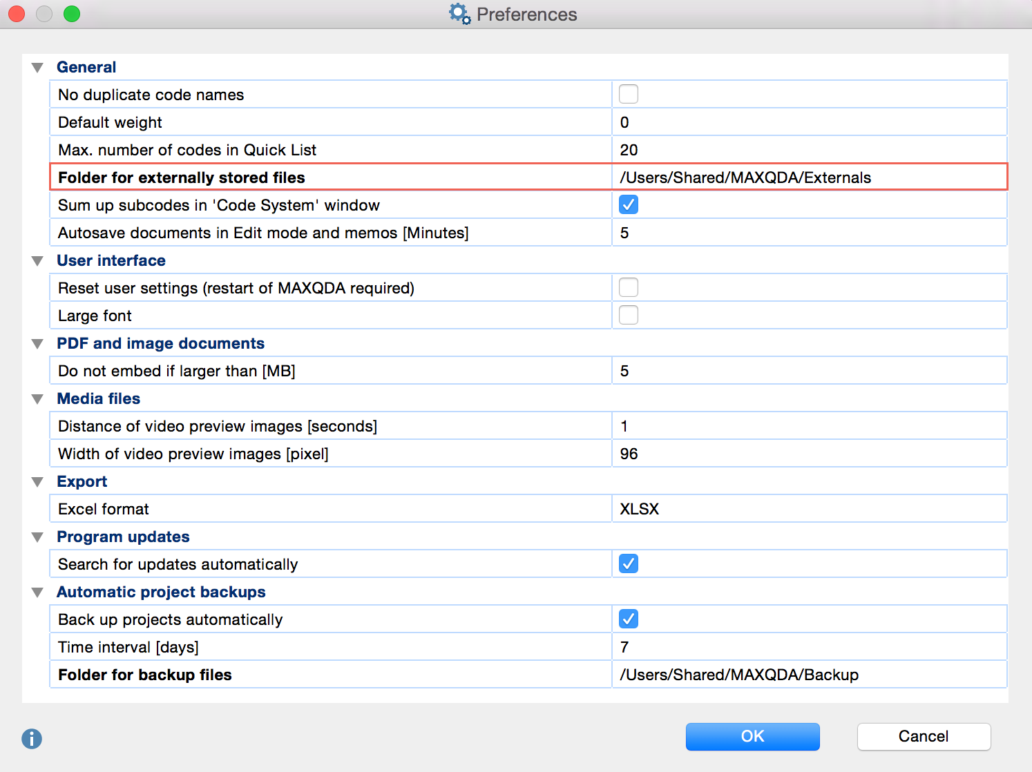 Global options for MAXQDA Global options for MAXQDA