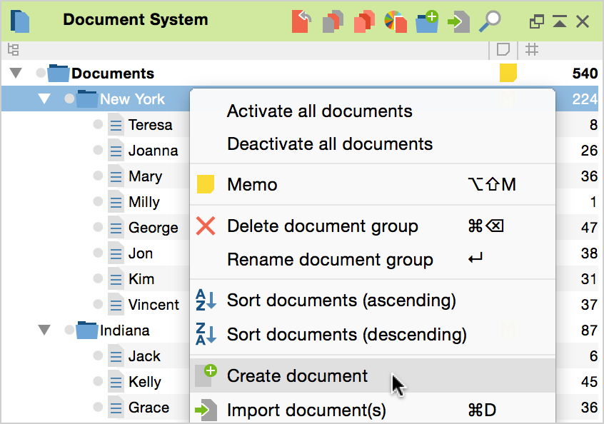 Creating a new document via the context menu of a document group Creating a new document via the context menu of a document group