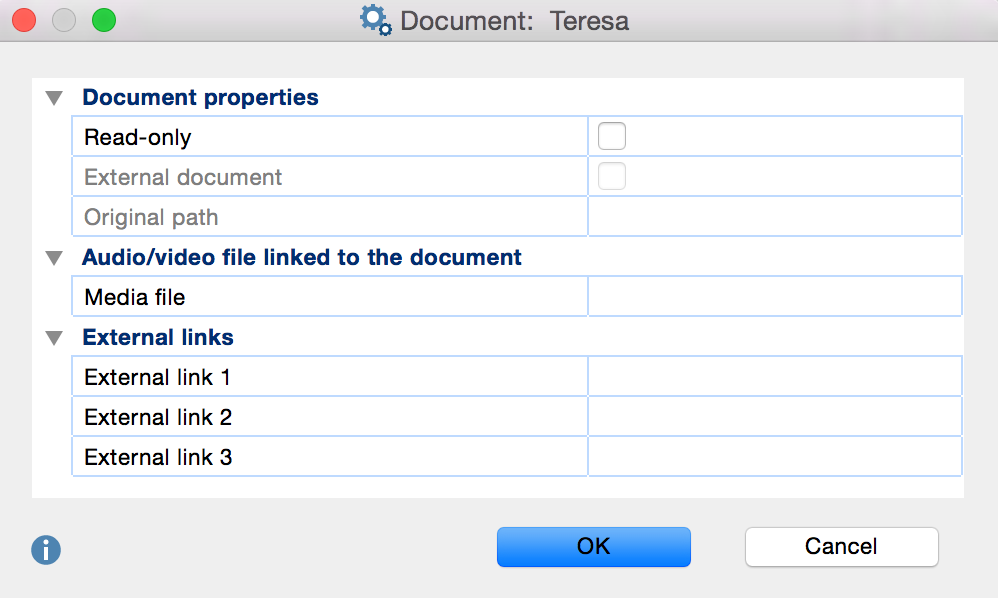 Document properties window Document properties window