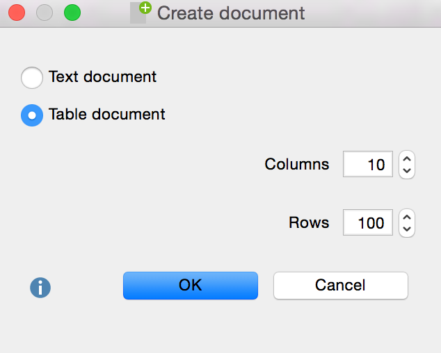 Select the number of columns and rows when creating a new table document Select the number of columns and rows when creating a new table document