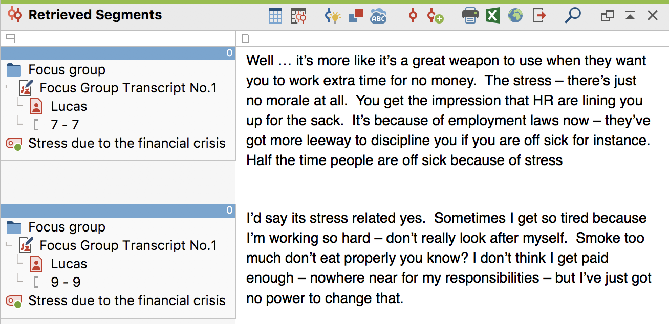 Statements of a participant on a topic in the “Retrieved Segments” window Statements of a participant on a topic in the “Retrieved Segments” window