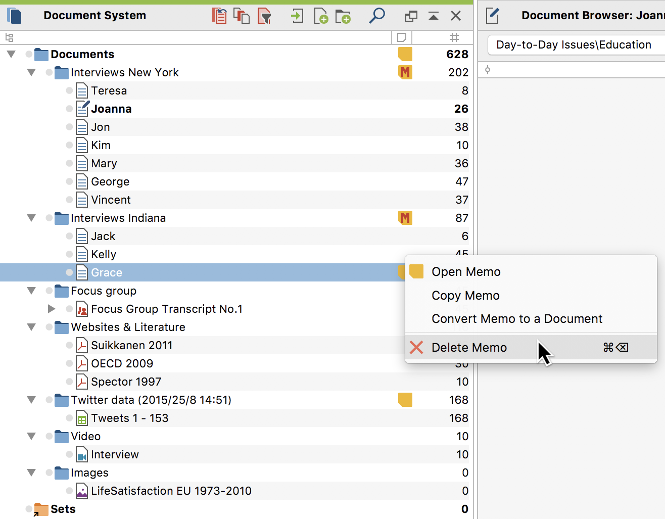 Delete a memo via the context menu Delete a memo via the context menu