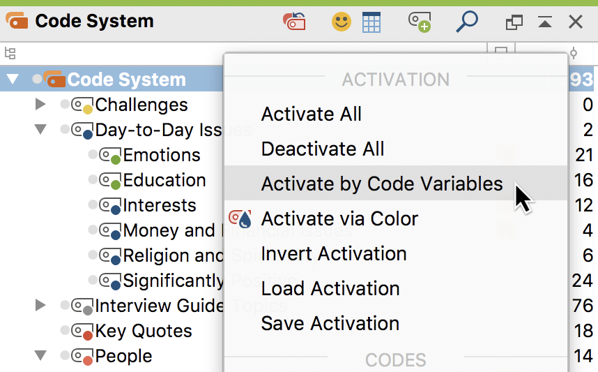Activate by Code Variables function in the “Code System” context menu Activate by Code Variables function in the “Code System” context menu