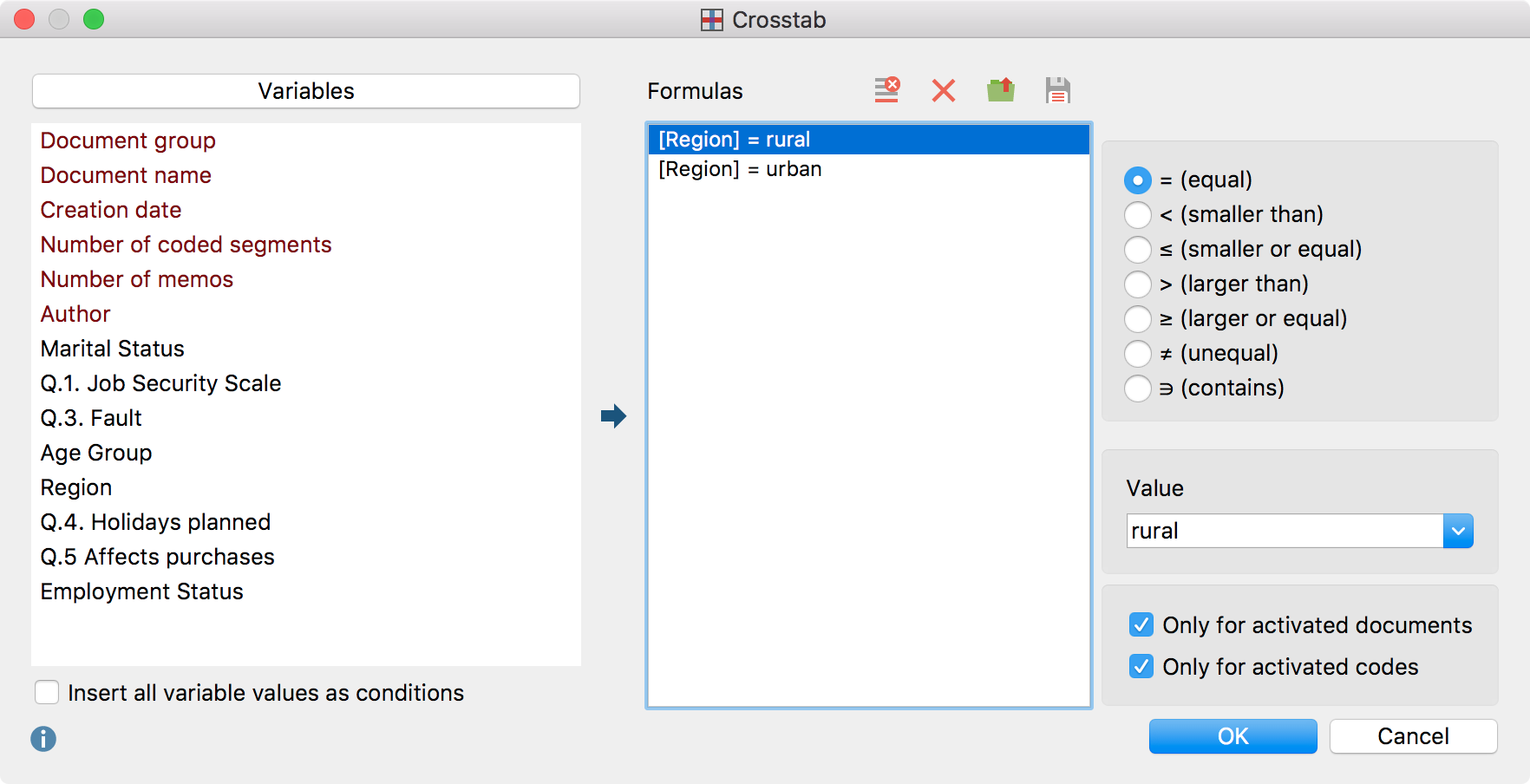 The Crosstab dialog window The Crosstab dialog window