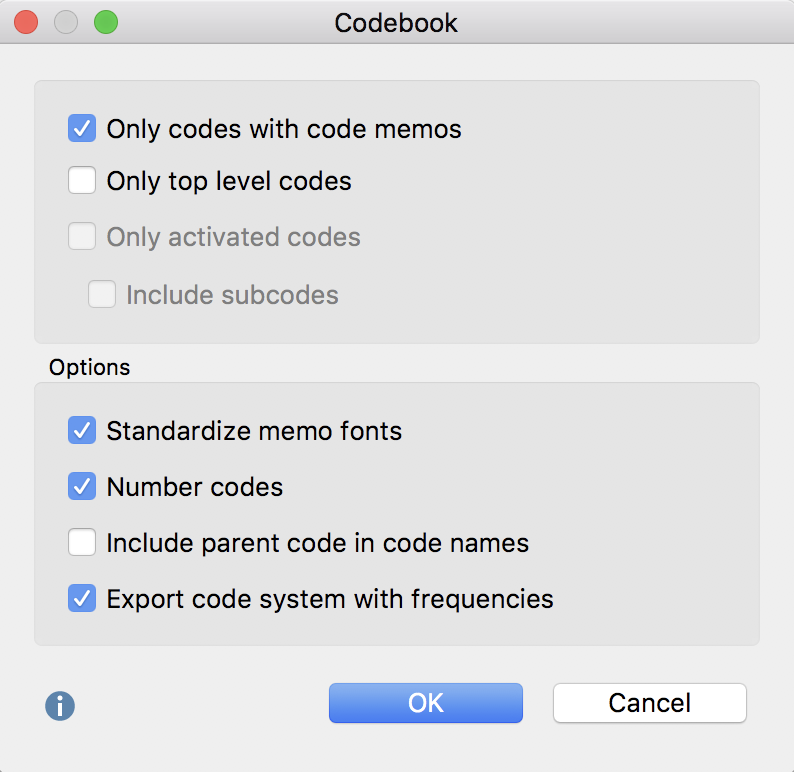 Setting options for the Codebook Setting options for the Codebook