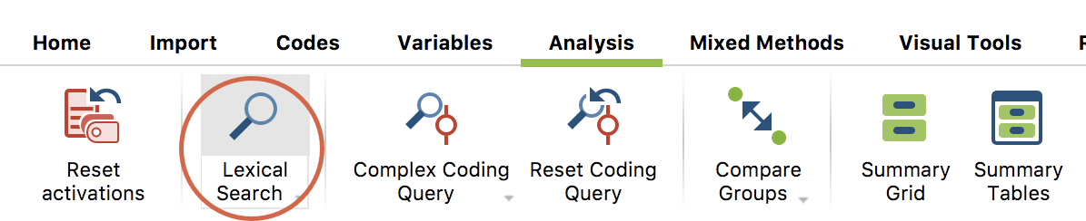 Lexical search icon in the Analysis menu tab Lexical search icon in the “Analysis” menu tab