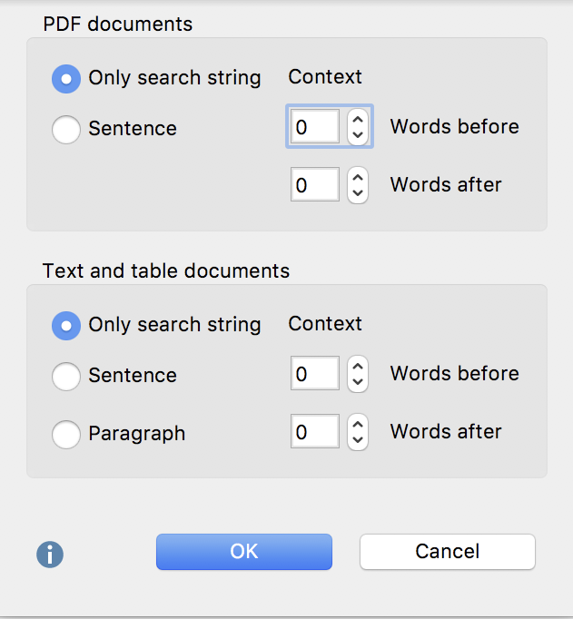Options for search results output Search results export settings