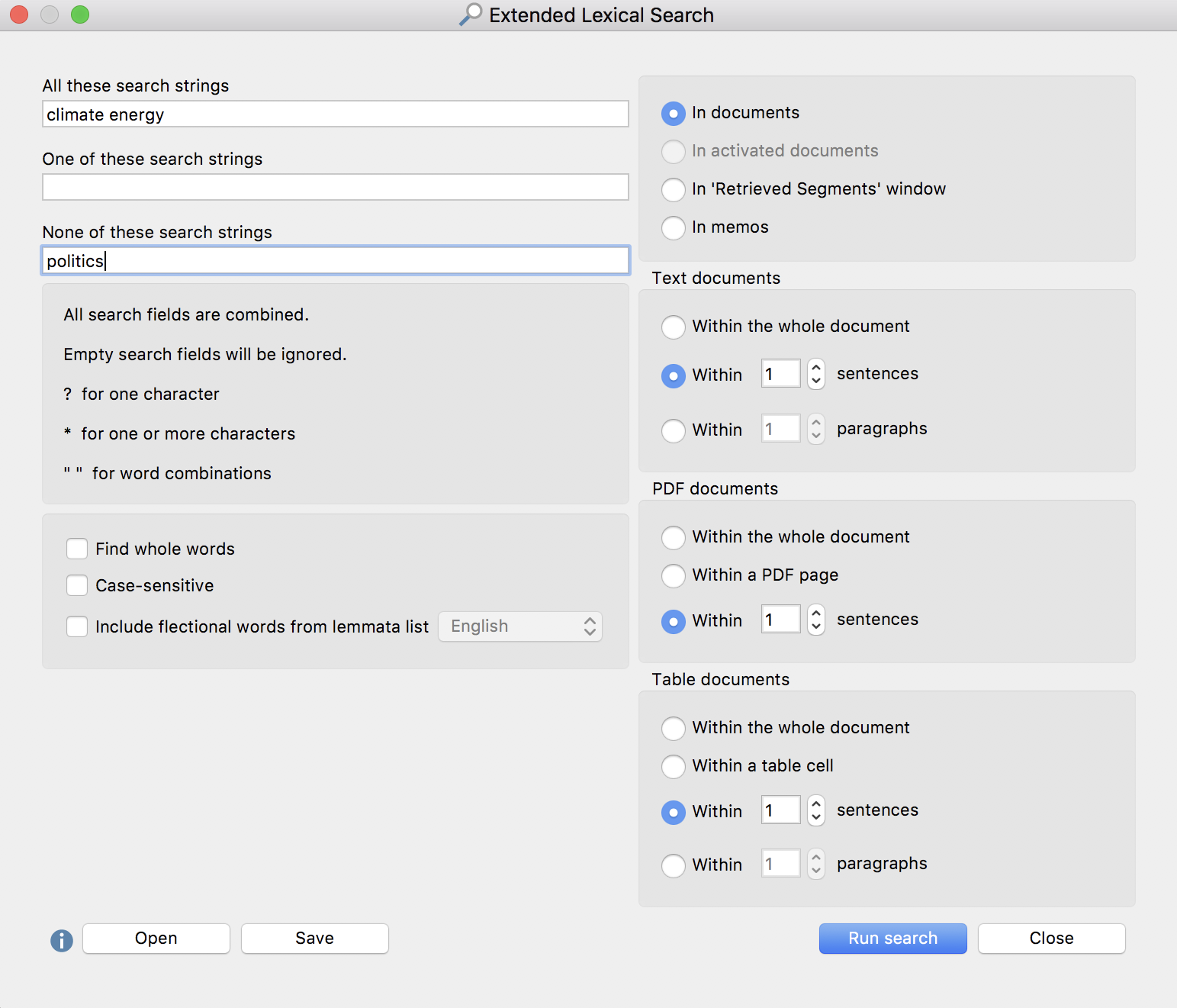 Extended lexical search dialog box Extended lexical search dialog box