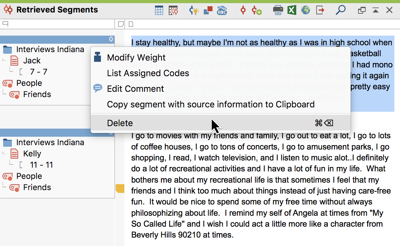 Context menu for the info box in the “Retrieved Segments” window Context menu for the info box in the “Retrieved Segments” window