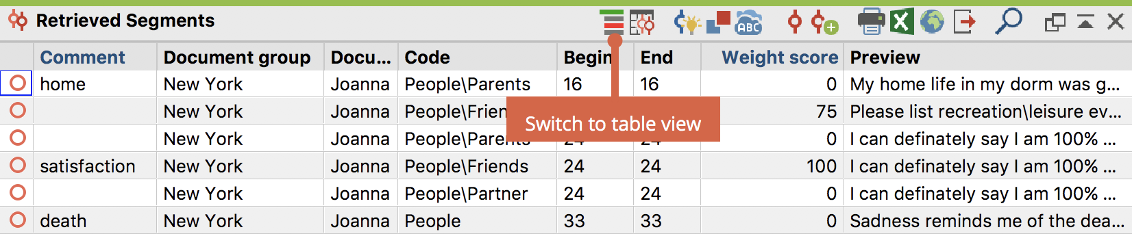 The “Retrieved Segments” in a table view The “Retrieved Segments” in a table view