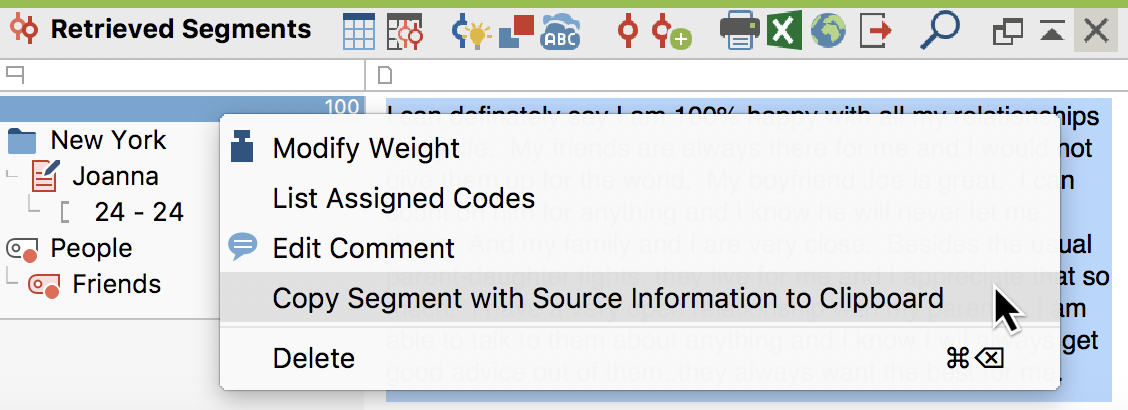 Calling up source information from a context menu Calling up source information from a context menu
