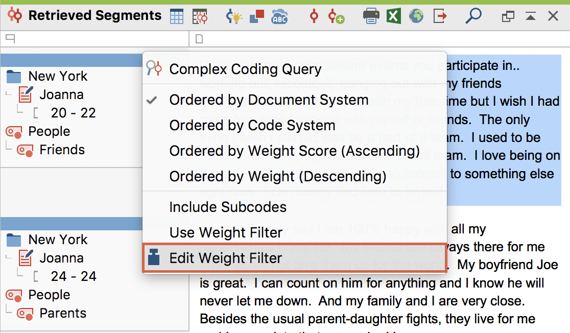 Choosing the “Weight Filter” in the context menu of the “Retrieved Segements” window Weight filter in the context menuof the “Retrieved Segements” window