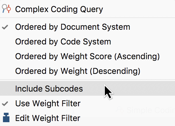 The “Include subcodes” option in the context menu of the “List of coded segments” The “Include subcodes” option in the context menu of the “List of coded segments”
