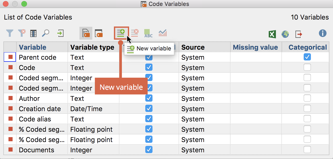 Creating a new variable with the icon in the toolbar Creating a new variable with the icon in the toolbar