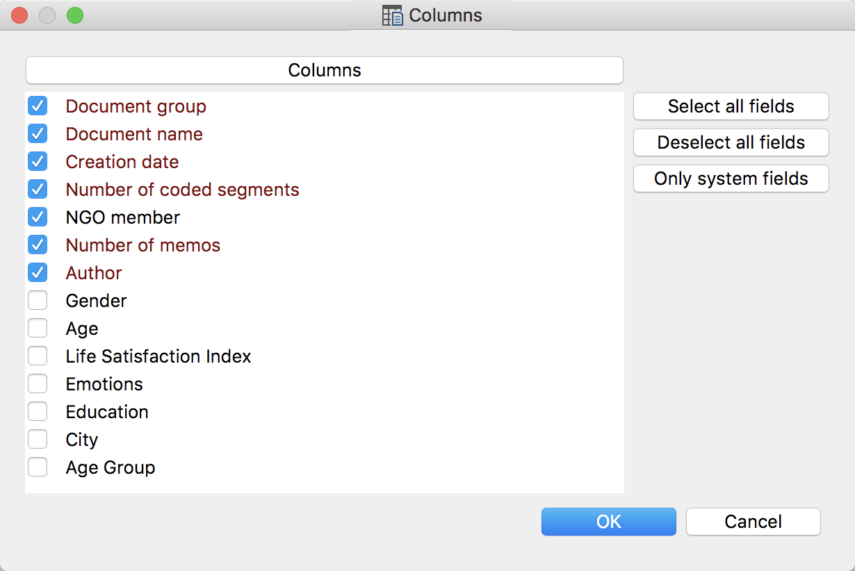 Variable selection of columns to be viewed