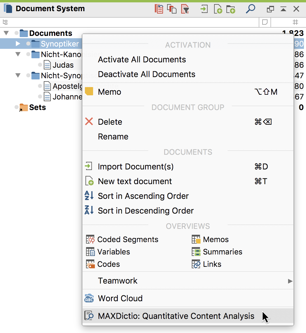 Opening the function “MAXDictio: Quantitative Content Anaylsis” via right-clicking on a document group Opening the function “MAXDictio: Quantitative Content Anaylsis” via right-clicking on a document group