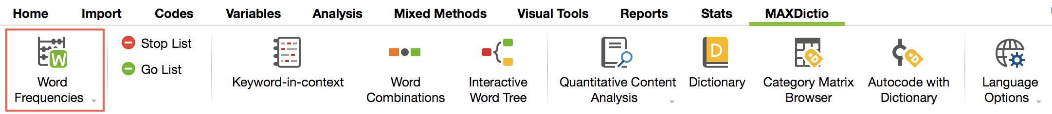 Quick button “Word frequencies” in the MAXDictio toolbar Start “Word frequencies” in MAXQDA