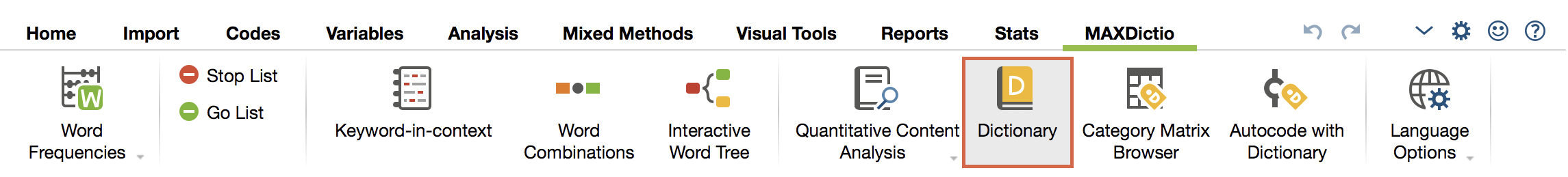 Call up 'Dictionary' in the tab 'MAXDictio' Window for managing dictionaries